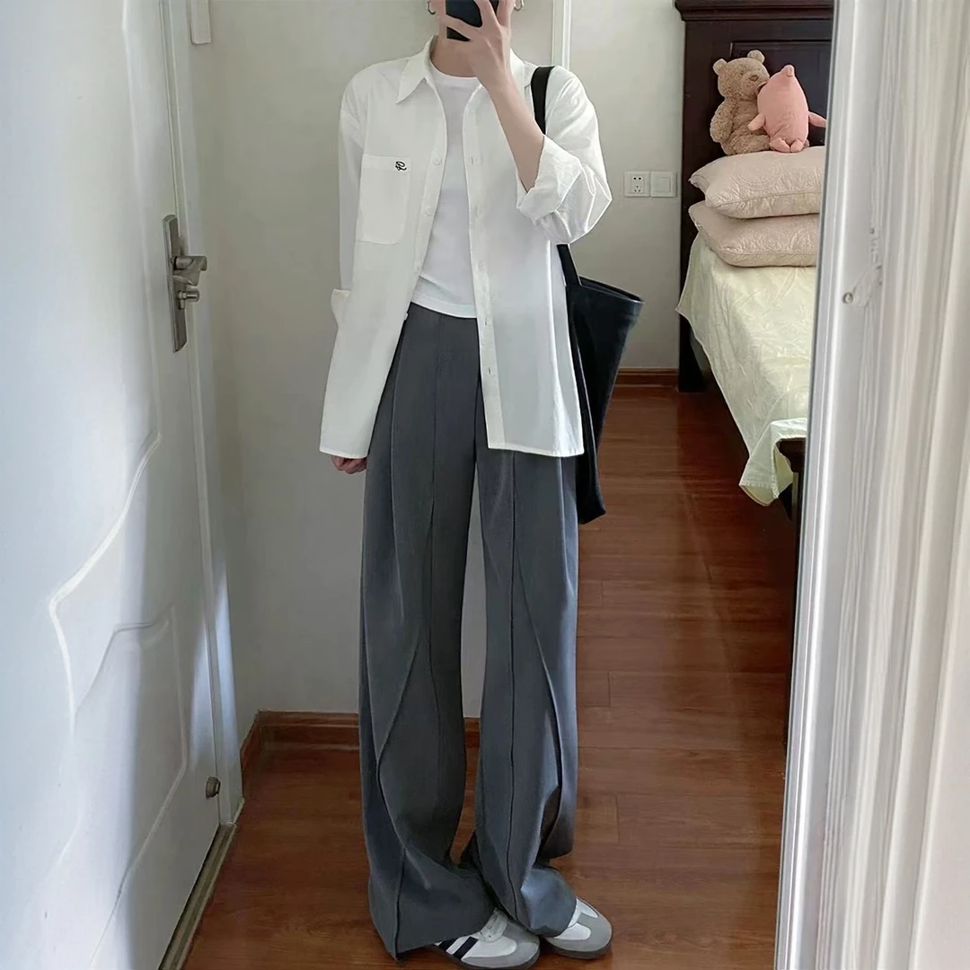 设计感灰色西装裤女春季新款大码胖MM高腰宽松显瘦垂感阔腿休闲裤