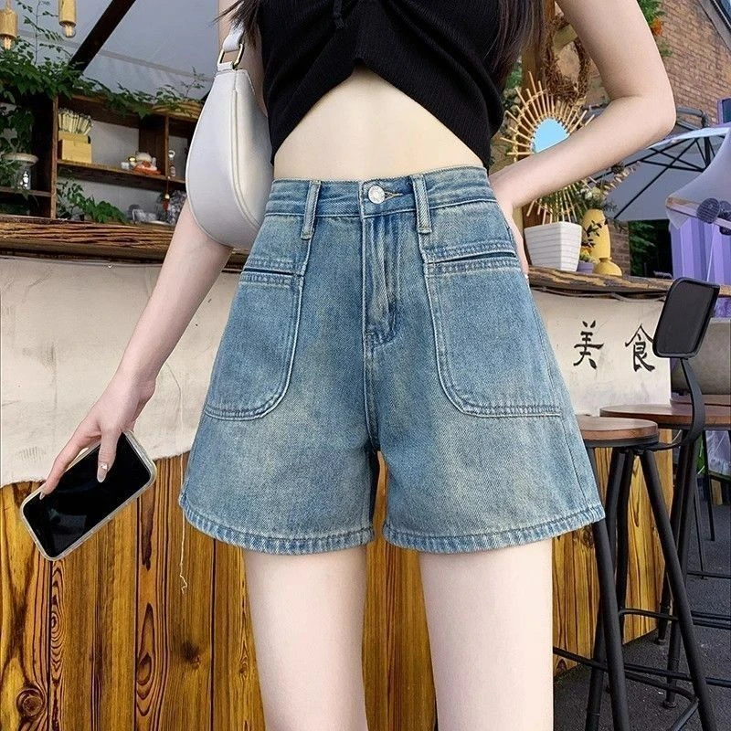 美式夏季新款高腰牛仔短裤女薄款复古小个子显瘦显高a字阔腿热裤
