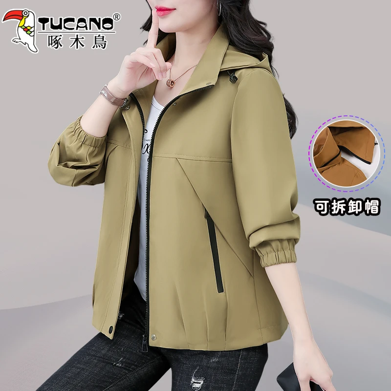 啄木鸟短款风衣外套女春秋2025新款中年女装洋气妈妈休闲连帽上衣