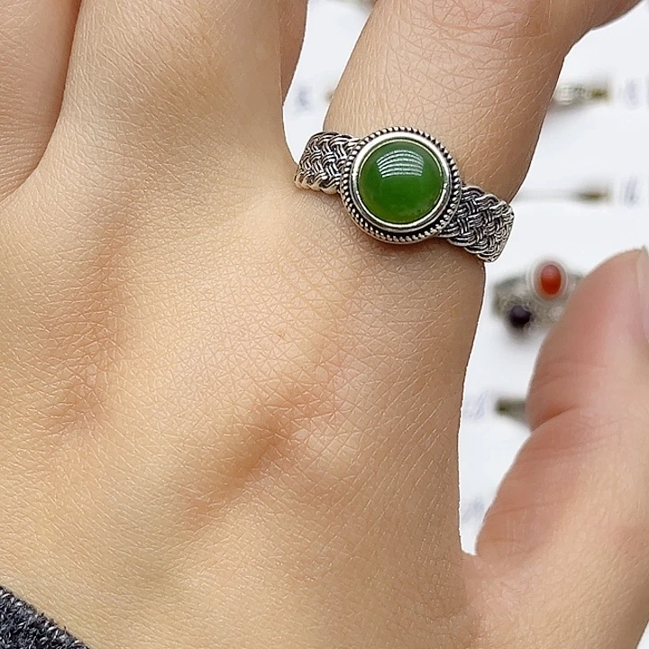 和田玉戒指银S925镶嵌天然