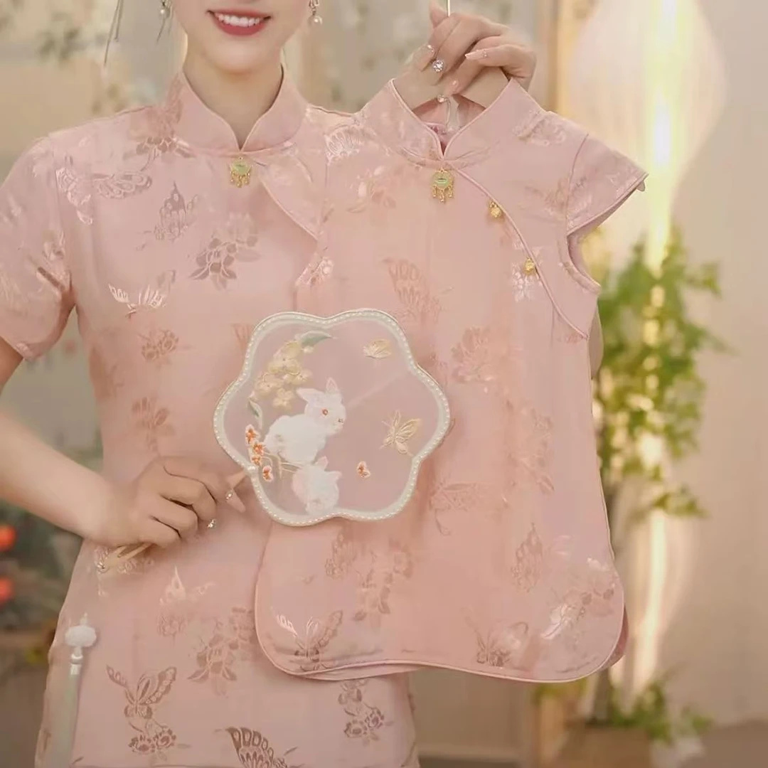 退货运补高级粉色段面印花演出中大女童夏季新中式碎花旗袍裙