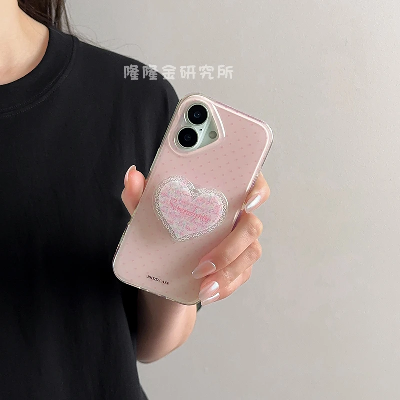 隆隆金适用苹果16手机壳粉色波点蕾丝爱心iPhone15pro防摔13/14壳