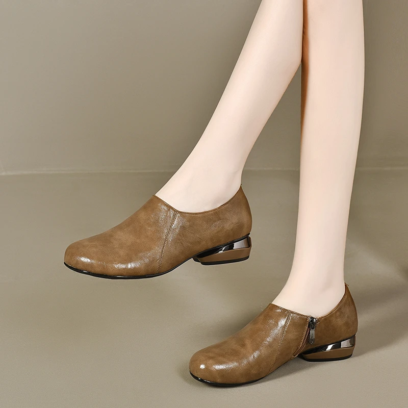 2025新款春秋季平底皮鞋女真皮软皮软底豆豆女鞋深口圆头粗跟单鞋