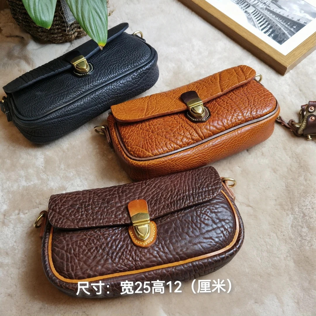 【谷道】新款头层缩纹牛皮铜扣女士斜挎链条百搭款LB765196