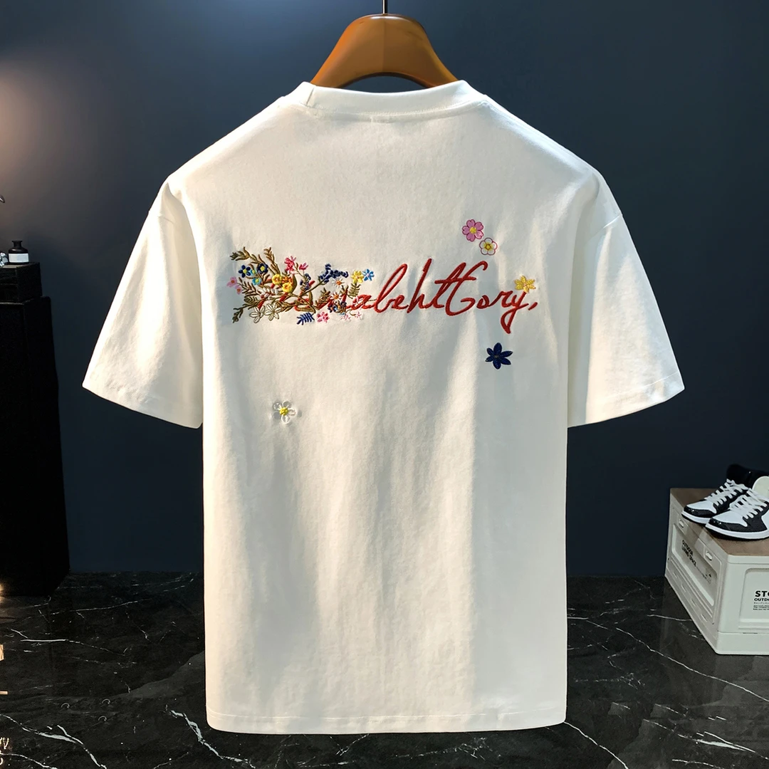 DeweLvum！匠心制作！一眼就爱上!薄款刺绣休闲透气宽松短袖t恤男潮