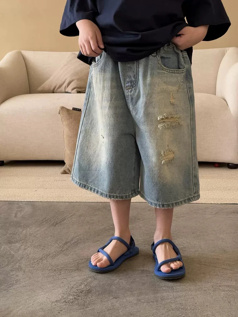 2025夏季新品儿童韩版宽松休闲破洞做旧五分裤七分裤牛仔裤短裤