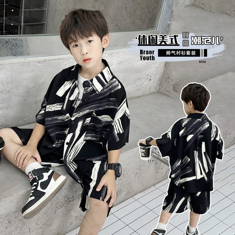 痞帅男童衬衫套装夏季薄款2025新款儿童夏装衣服中大童夏款两件套