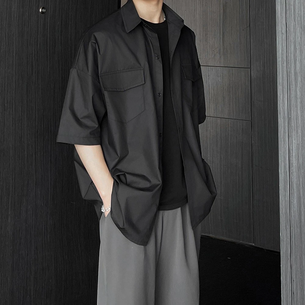 潮流痞帅黑色衬衫男短袖夏季潮牌宽松美式多口袋工装衬衣外套大码