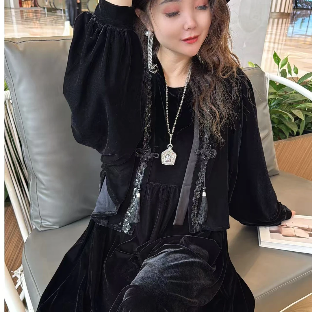 23221黑色丝绒套装/大码救星！慵懒显贵，藏肉第一名