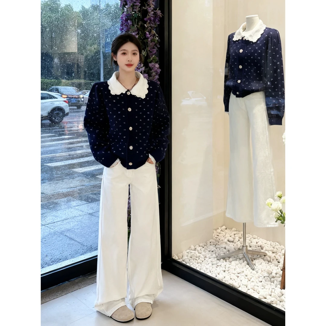 小个子韩系温柔风穿搭2025秋冬新款巨好看蓝色针织衫休闲裤两件套