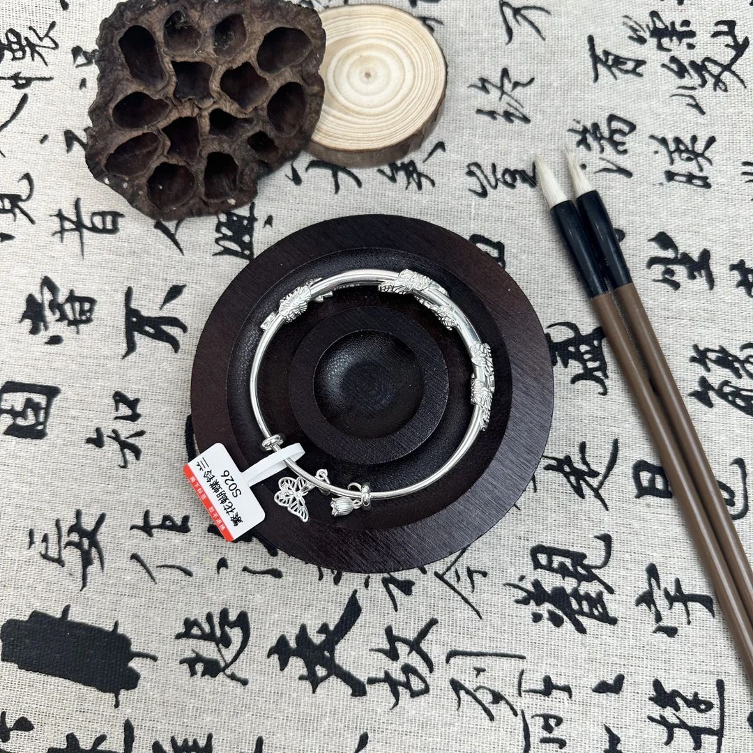 足银手镯 足银手镯S026-繁花蝴蝶铃兰【推拉】手镯