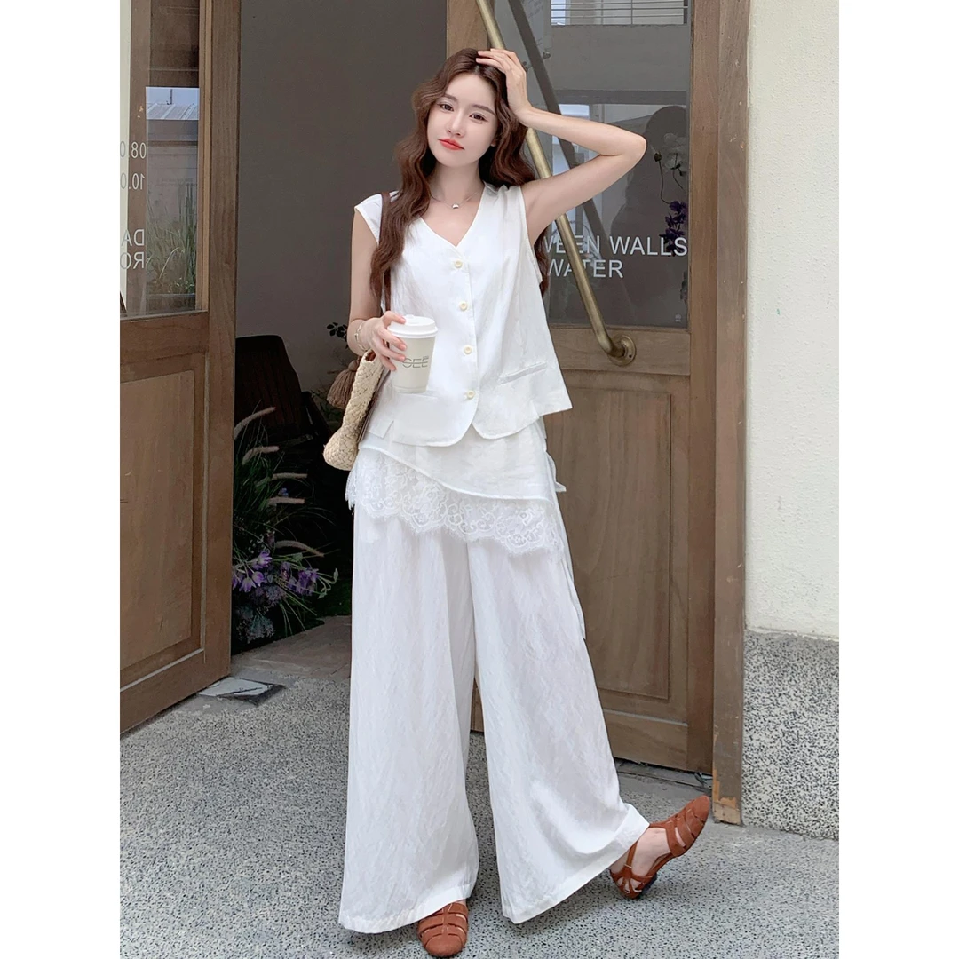 法式气质马甲蕾丝拼接阔腿裤套装女2025夏季新款清纯度假风两件套