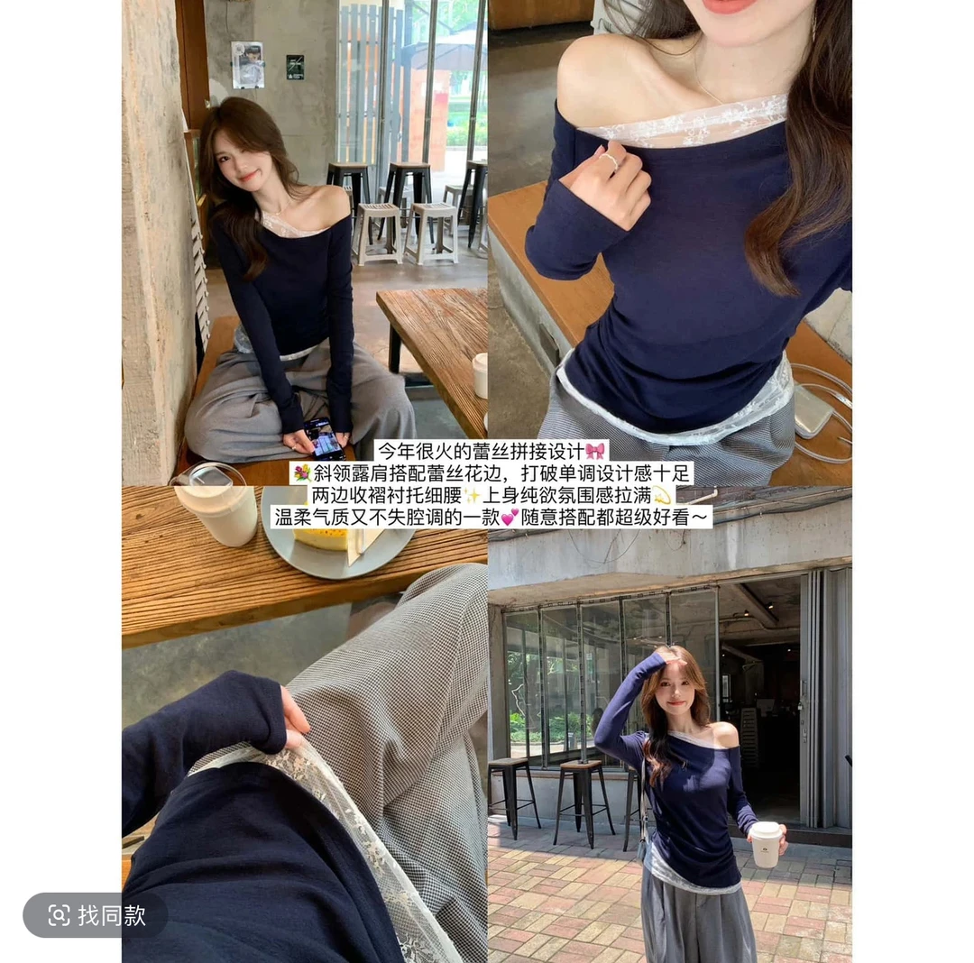 @8817 “蕾丝美学”斜肩温柔气质小纯欲氛围感拼接露肩洋气长袖小衫
