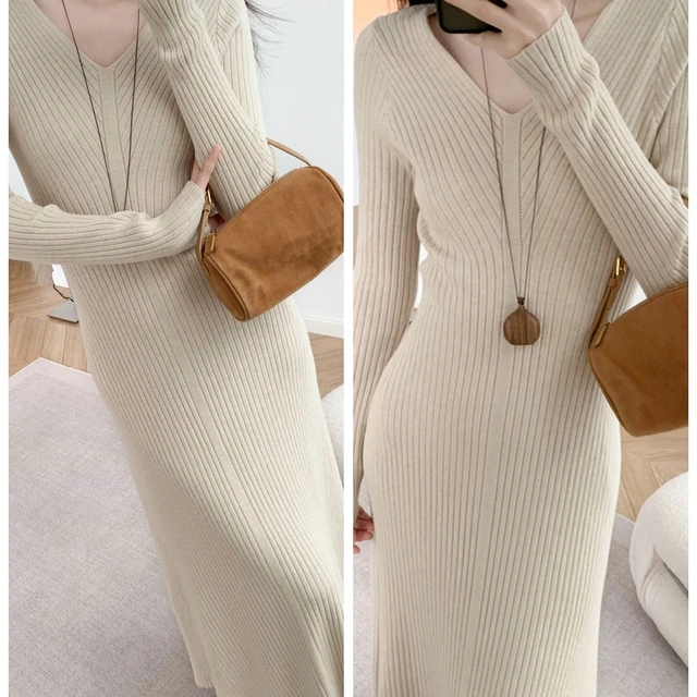窈窕大气分割线V领针织连衣裙高腰A字裙摆秋冬长裙毛衣裙打底裙
