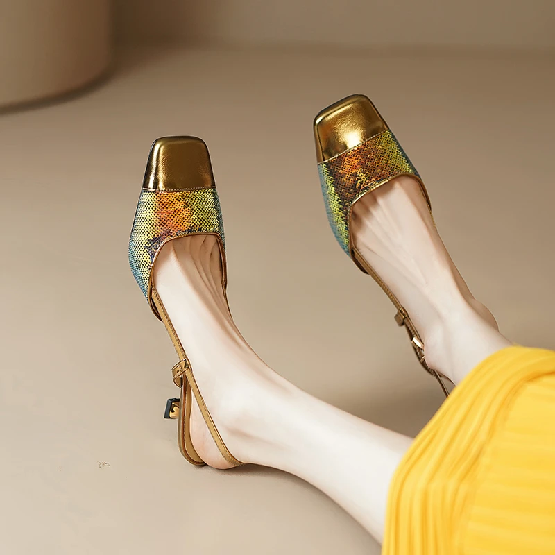 6cm/手工鞋气质凉片方头法式浪漫简约优雅包头真皮一字带