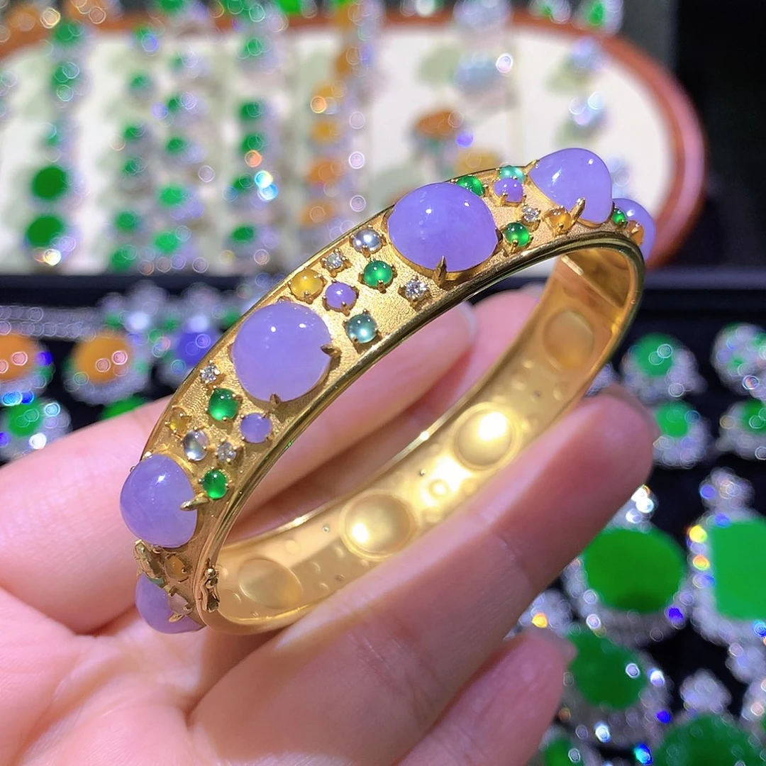 翡翠18K金镶嵌手链高冰紫罗兰手镯