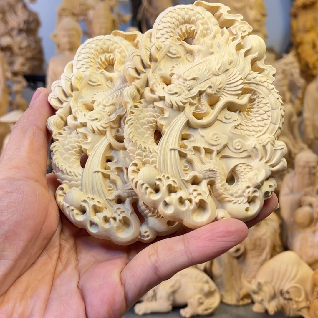 剑***雕木大叶黄杨木龙牌手把件2个