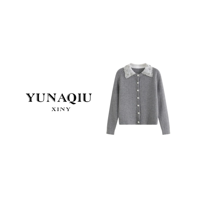 YUNAQIU-法式甜美针织翻领开衫-9633
