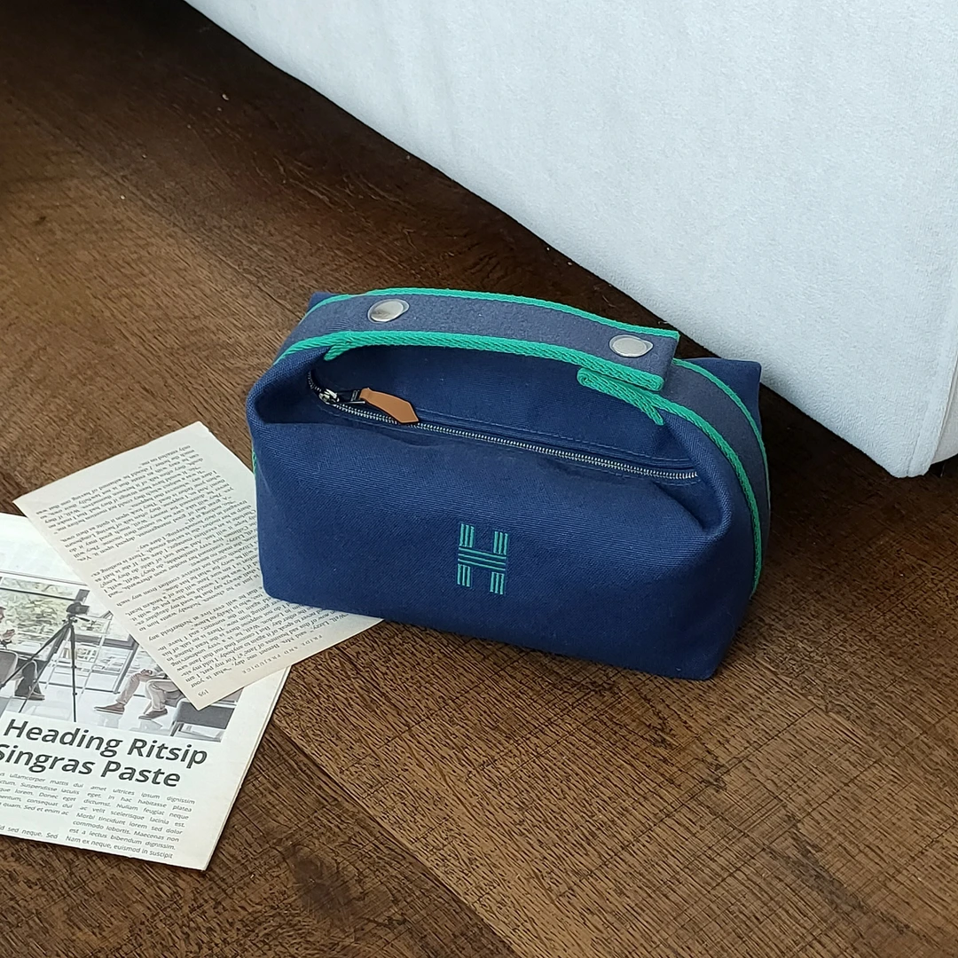 95新 Hermes/爱马仕 Azul-蓝拼绿帆布饭盒小号手提包/45147