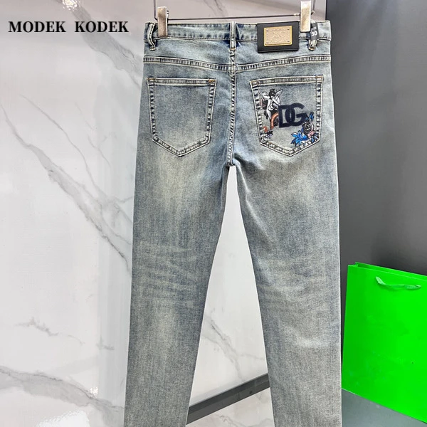MODEK KODEK高级感潮牌男士刺绣水洗长裤夏季新款修身直筒牛仔裤