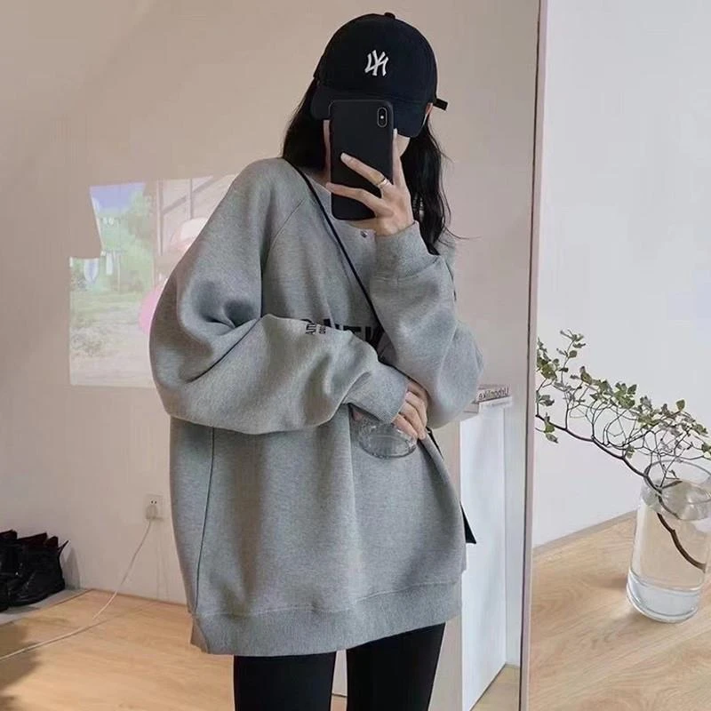 加绒加厚中长款遮屁股灰色无帽卫衣女春秋2025新款爆款欧货小个子