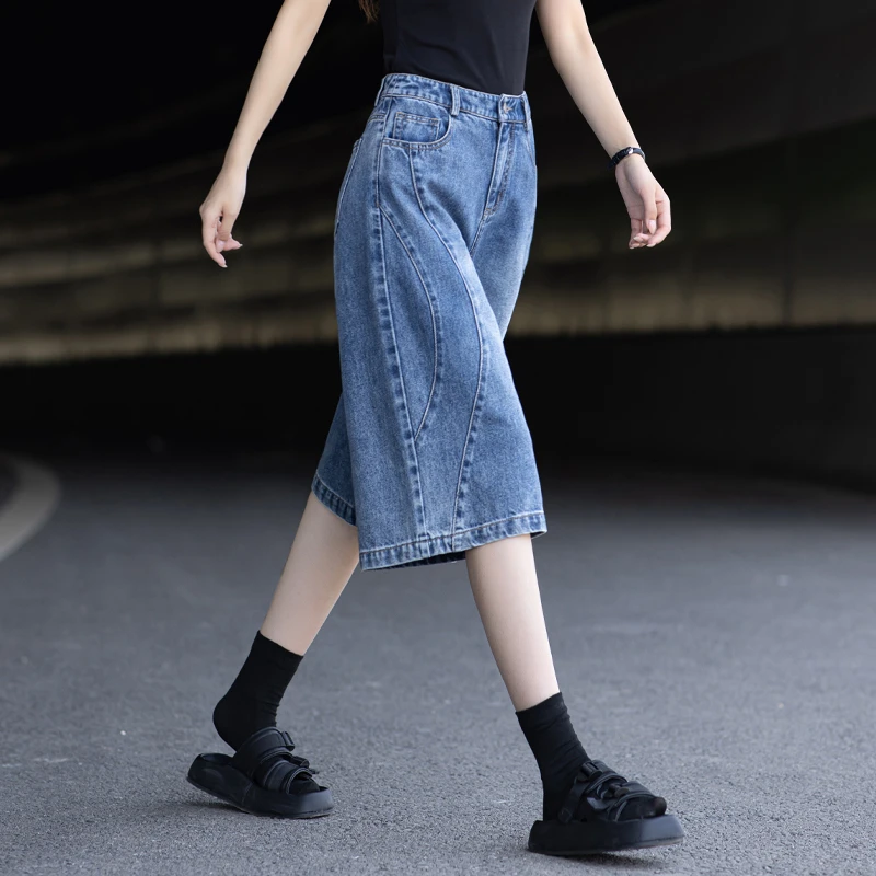 美式牛仔短裤女2025新款夏薄款天丝七分裤高腰莱赛尔显瘦阔腿中裤