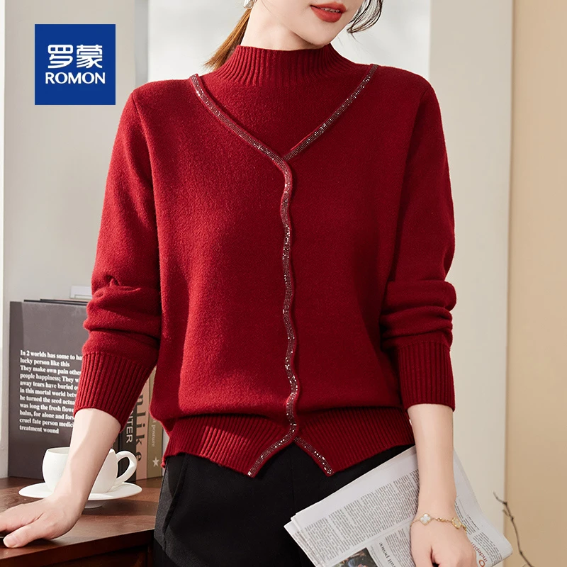 罗蒙妈妈冬装红色针织上衣2025新款中老年女厚毛衣本命年打底衫