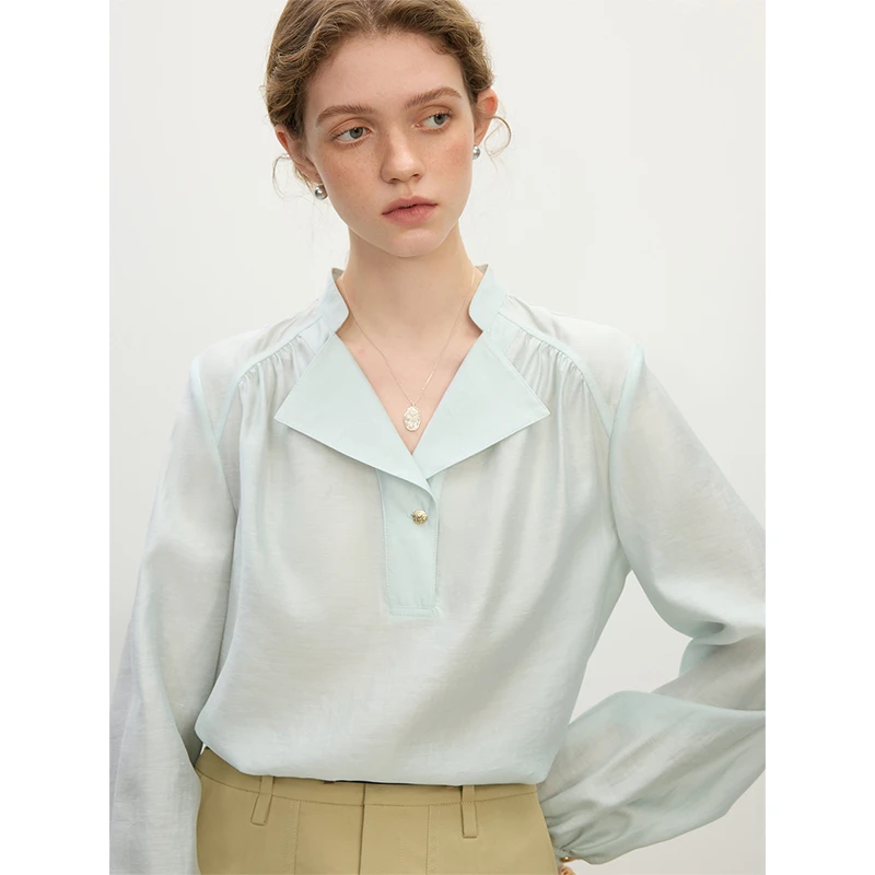 范思蓝恩设计感翻领衬衫春新款简约气质长袖衬衣上衣25FS11185