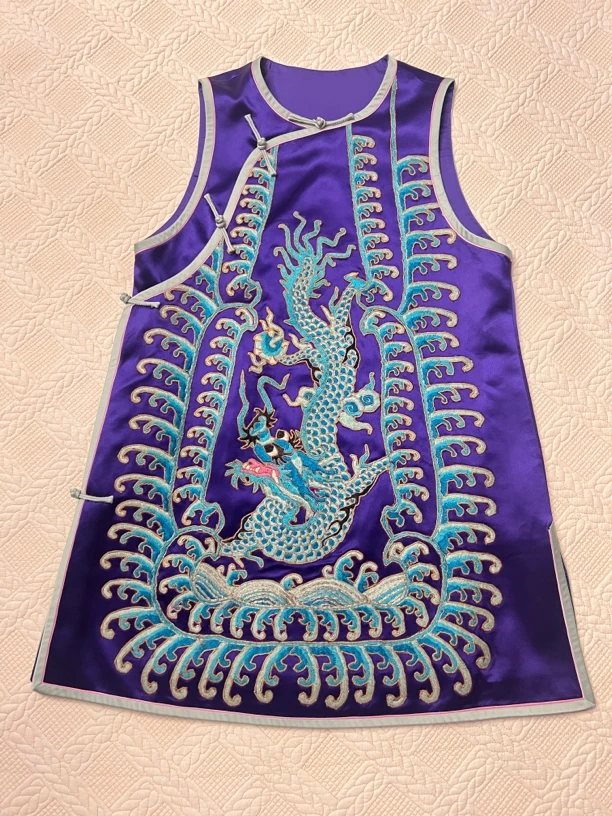 新款手工老绣三蓝龙马甲重磅真丝中式时尚百搭