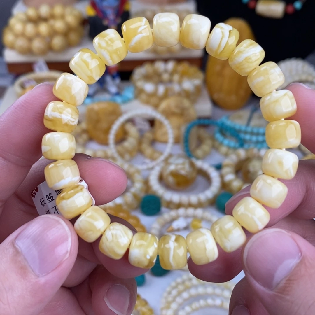 蜜蜡未镶嵌手链瓷白细纹虎皮纹10mm