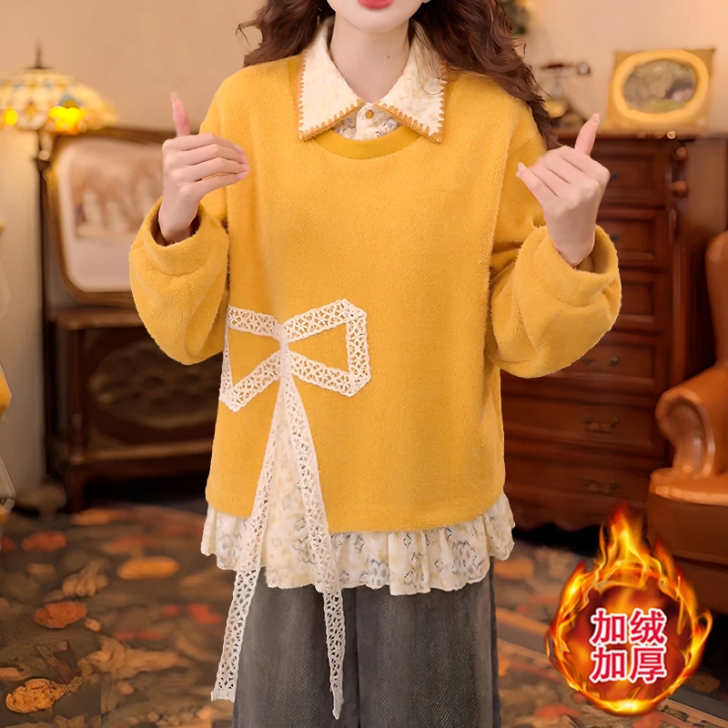 复古慵懒风蝴蝶结蕾丝拼接假两件衬衫女2025冬季宽松小众设计上衣