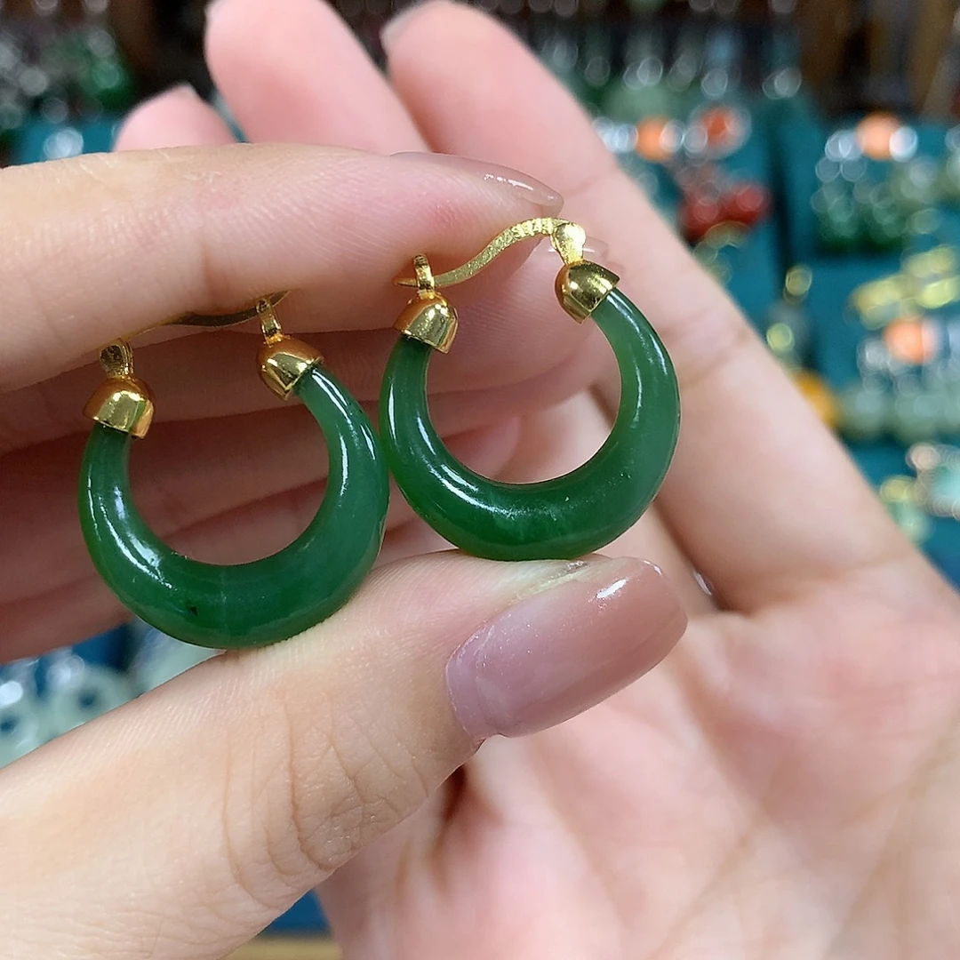 和田玉（碧玉）银S925镶嵌耳饰卡20左