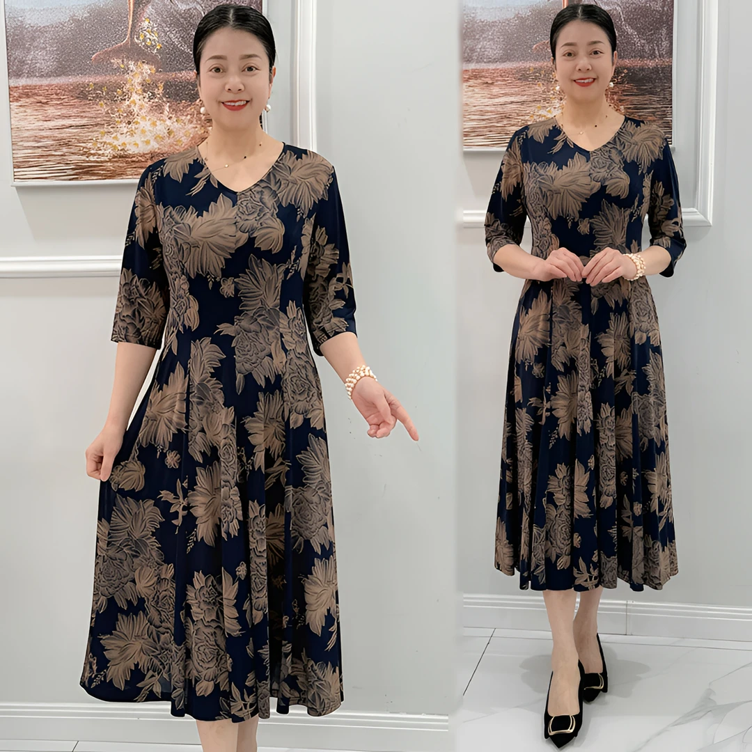 夏季新款时尚连衣裙遮肚子弹力大码减龄妈妈装显瘦长款过膝大摆裙