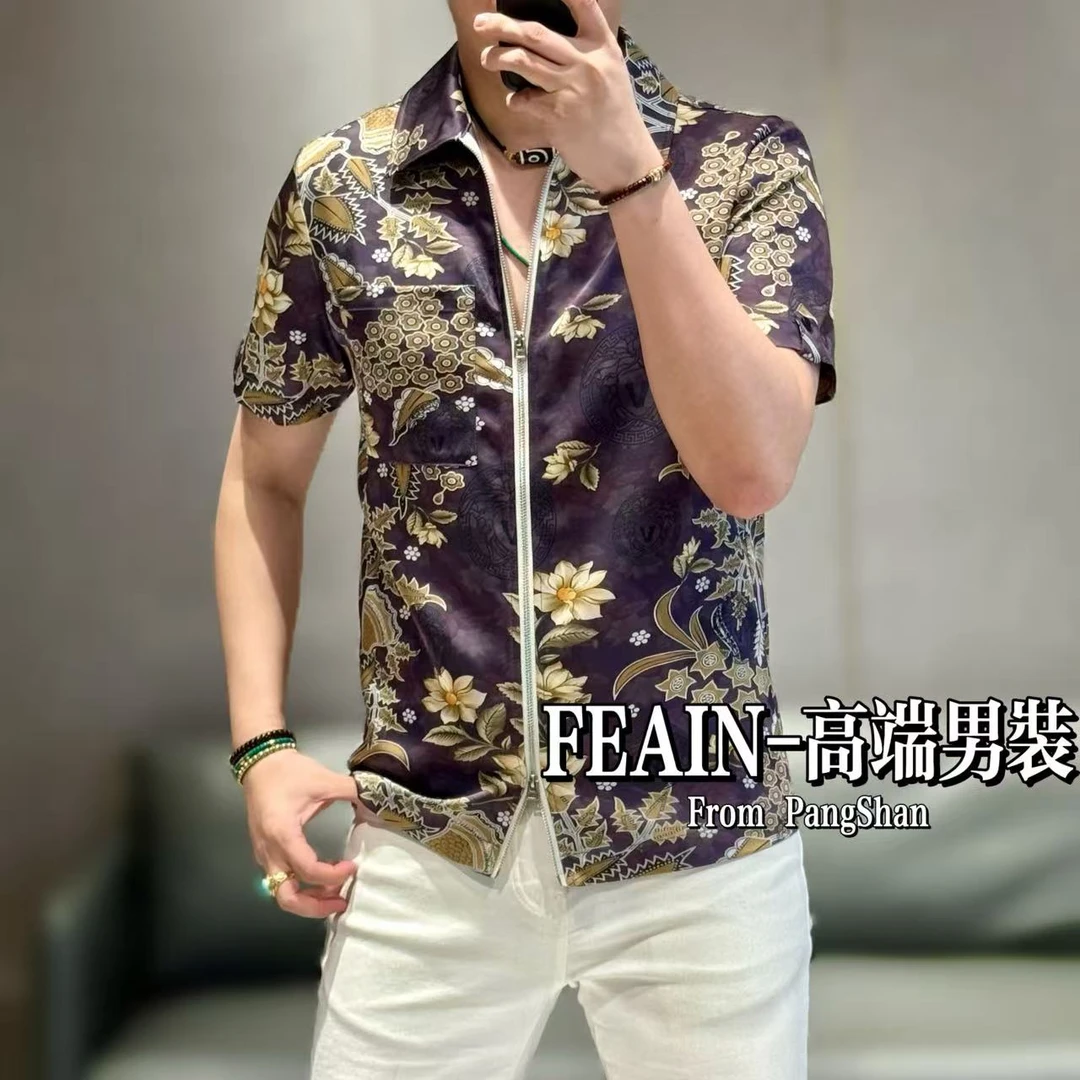 高端定制进口丝柔贡缎腰果花印花工艺上下双开短袖夹克3405