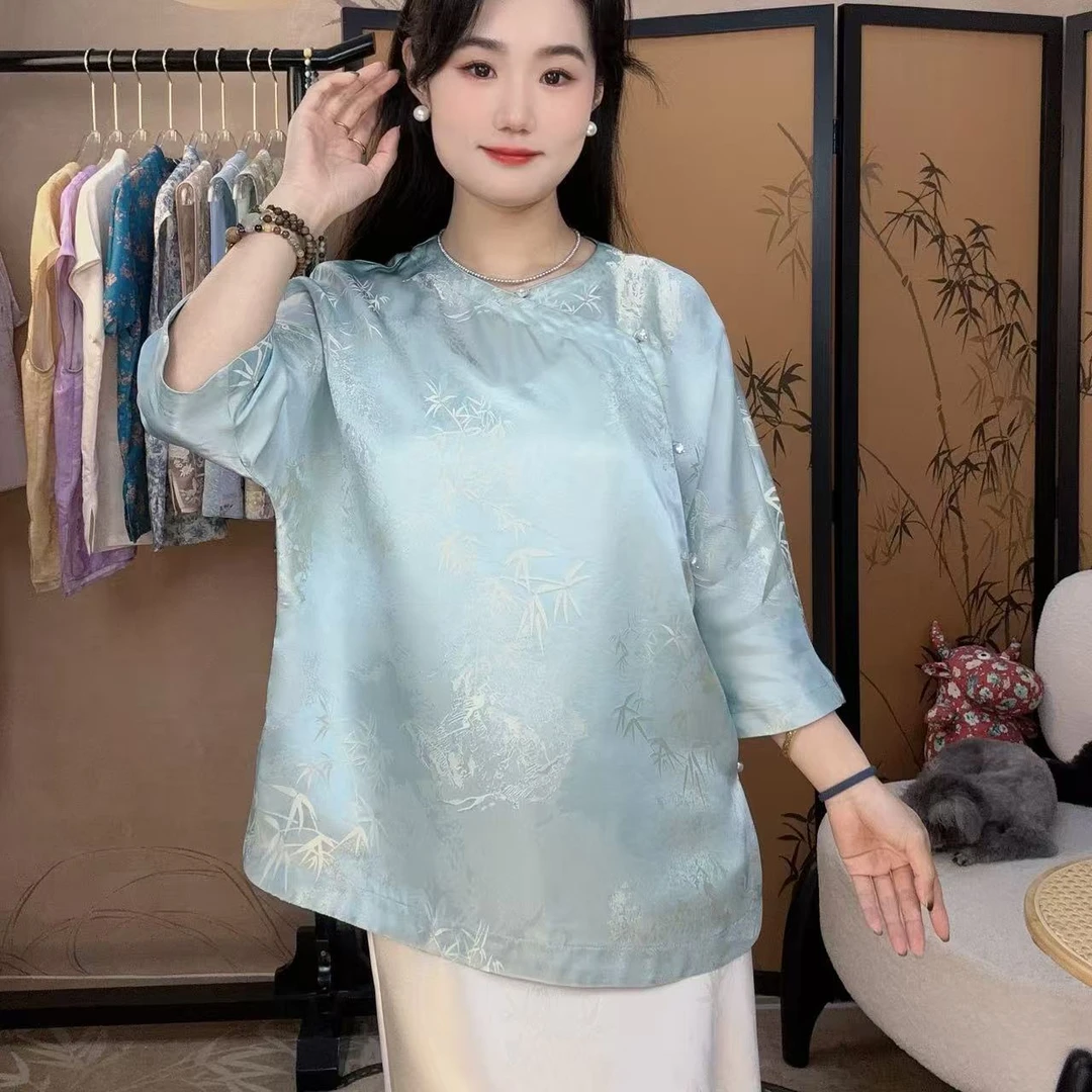 【小许夫妇】桑蚕丝竹叶提花桑波缎斜襟新中式简约 国风衬衣女
