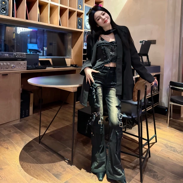 辣妹工装重工喇叭裤微喇裤长裤显高显瘦显腿长