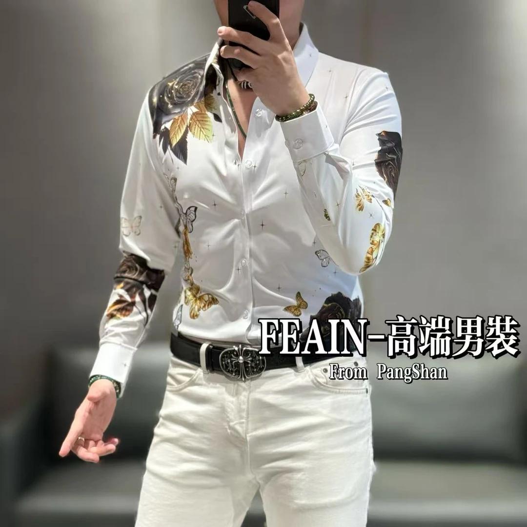 高端男士弹力莱卡黑牡丹印花奥钻点缀长袖衬衫2553