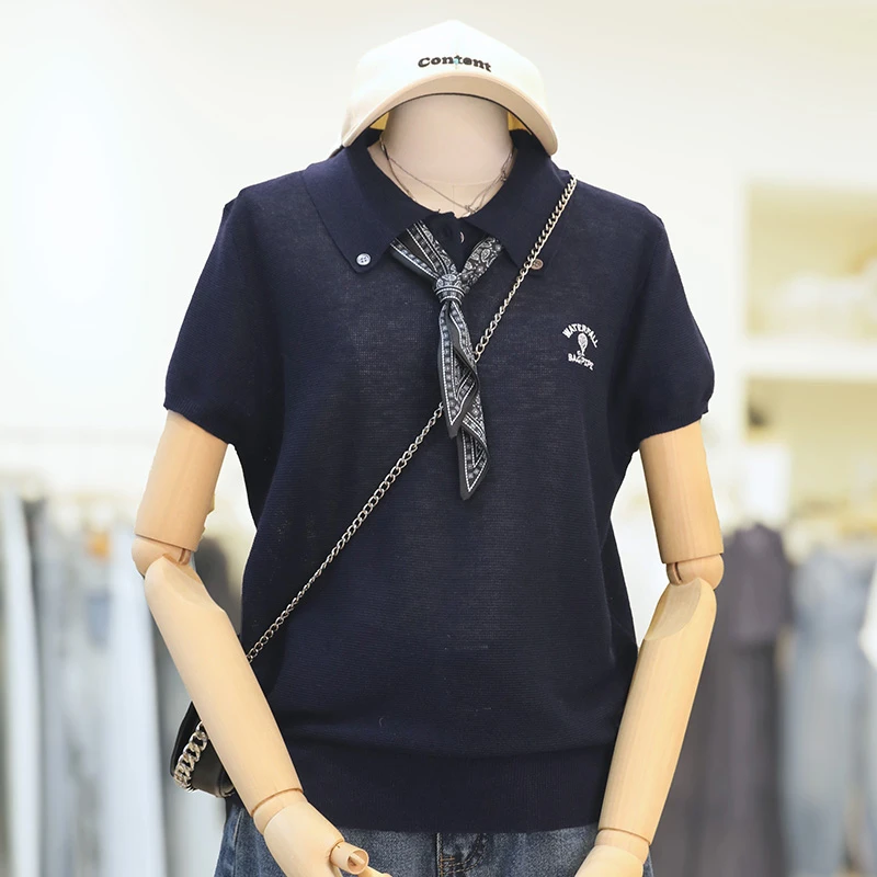 zaw夏季冰丝针织衫短袖女大码胖mm领结POLO领上衣显瘦遮肚子25281