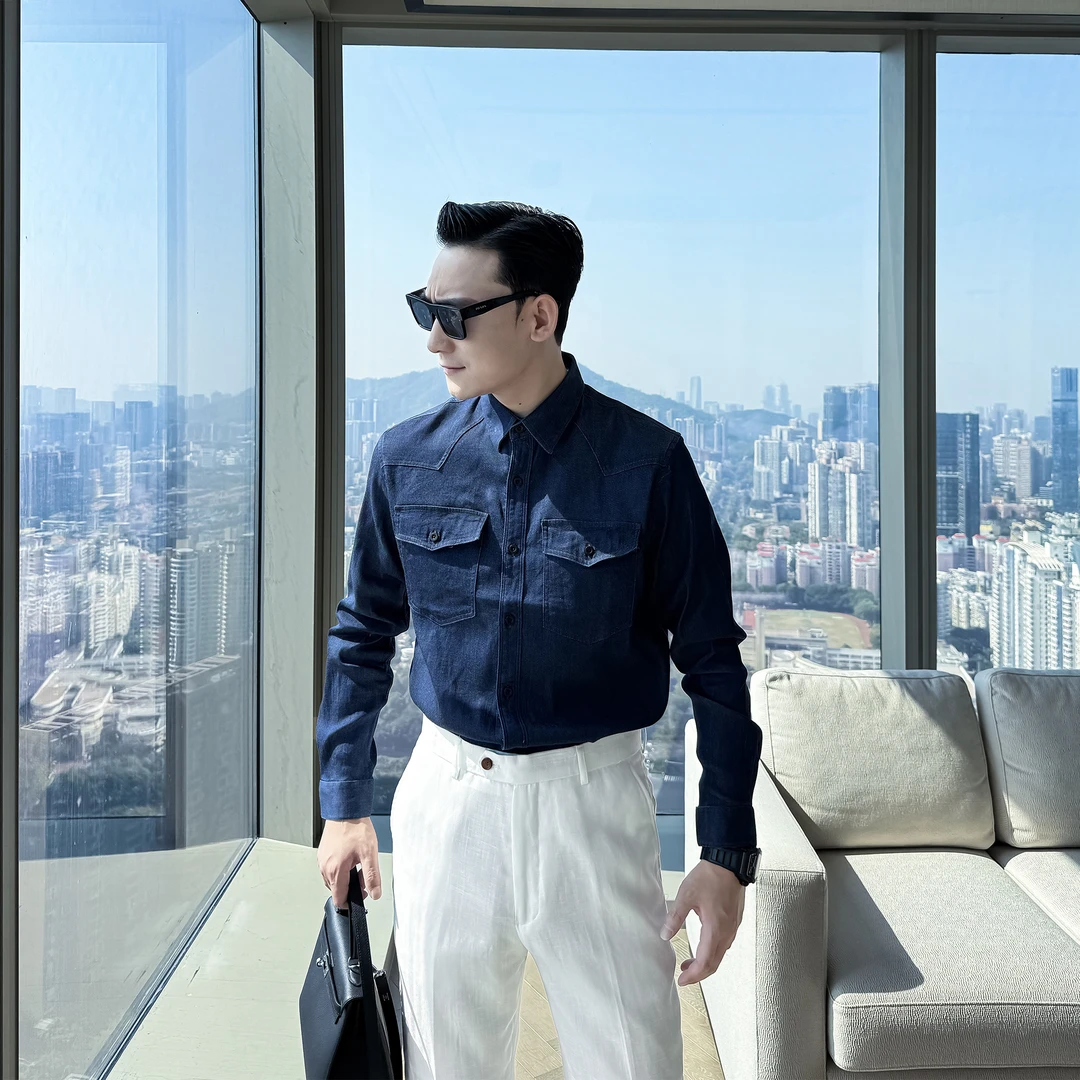 【DAIO ETHAN】英伦风休闲工装简约雅痞衬衫水洗复古蓝色牛仔长袖