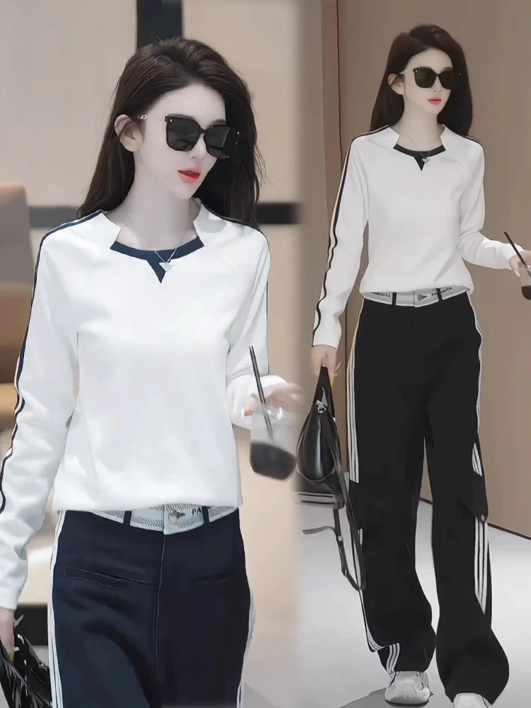 时尚套装女2025春季新款时髦洋气长袖T恤工装阔腿裤气质两件套潮
