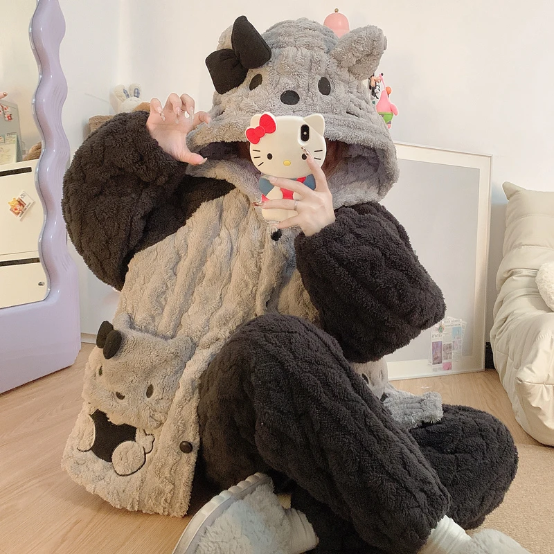 【三层夹棉】加绒加厚珊瑚绒睡衣女款秋冬季保暖连帽KT猫家居服套装