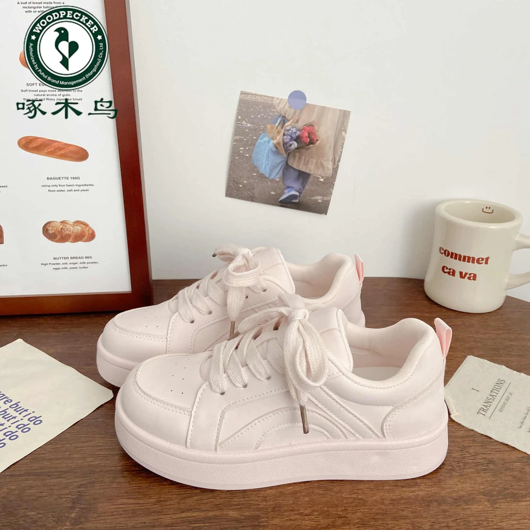 啄木鸟粉色厚底板鞋女运动2025春季新款韩版百搭学生休闲小白鞋