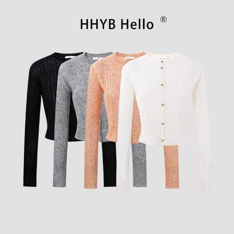 HHYB Hello2025薄透绞花毛织上衣圆领纽扣麻花露腰修身开衫M1188