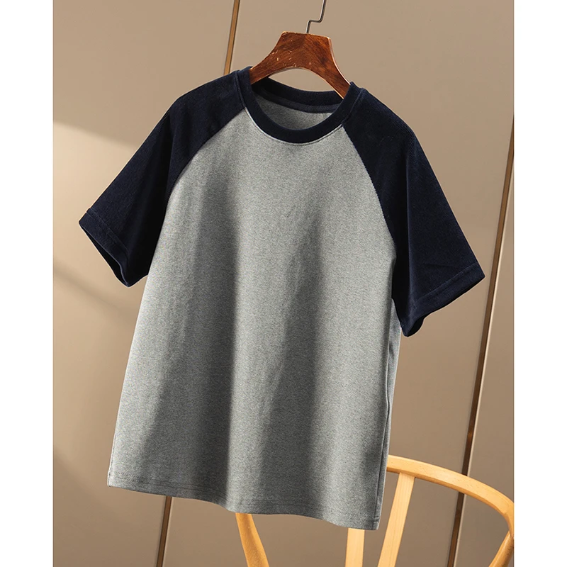 D春天家 减龄又好看 法G设计复古撞色圆领插肩袖短袖厚T恤女14A9