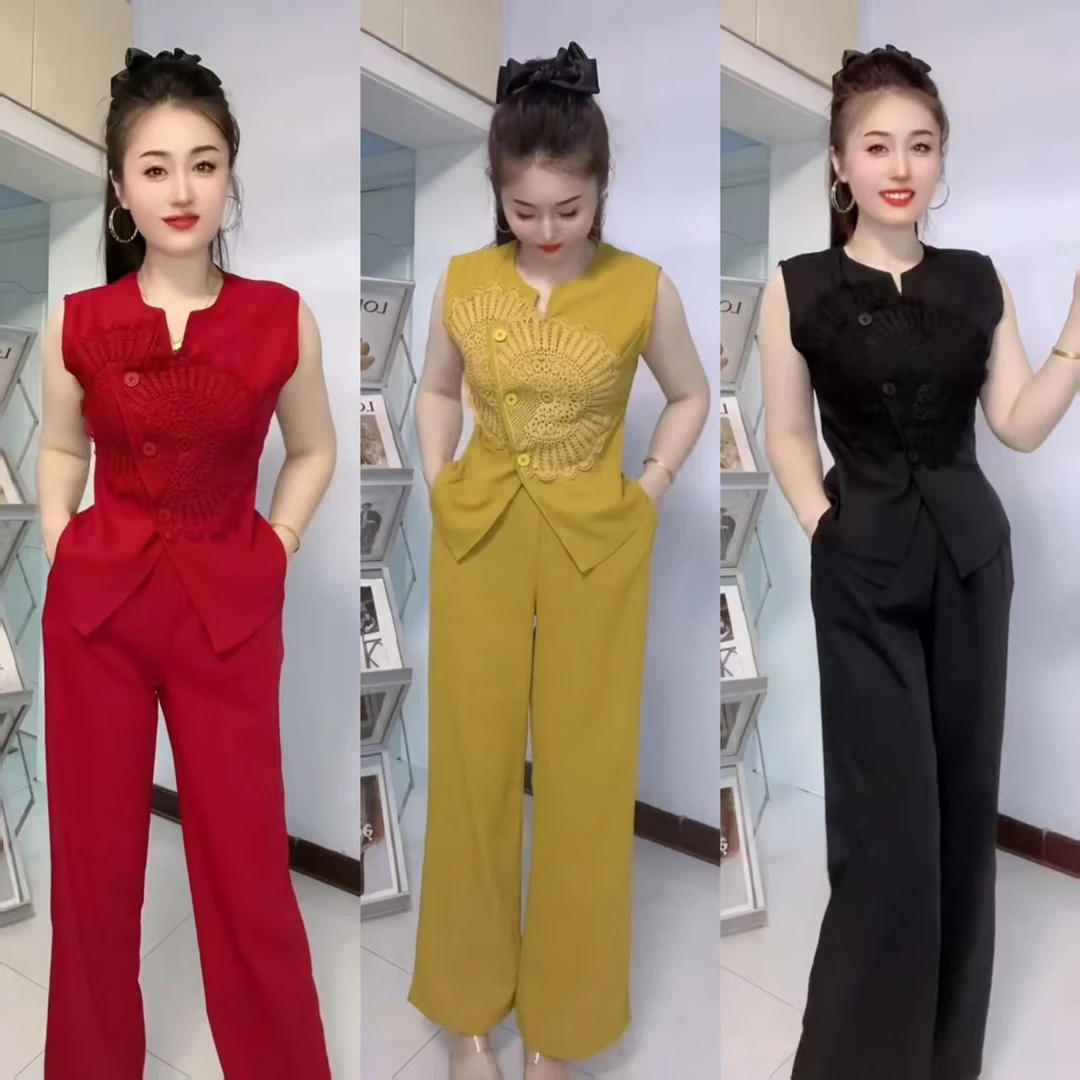 夏季重工刺绣蕾丝拼接收腰无袖上衣搭配高腰直筒裤