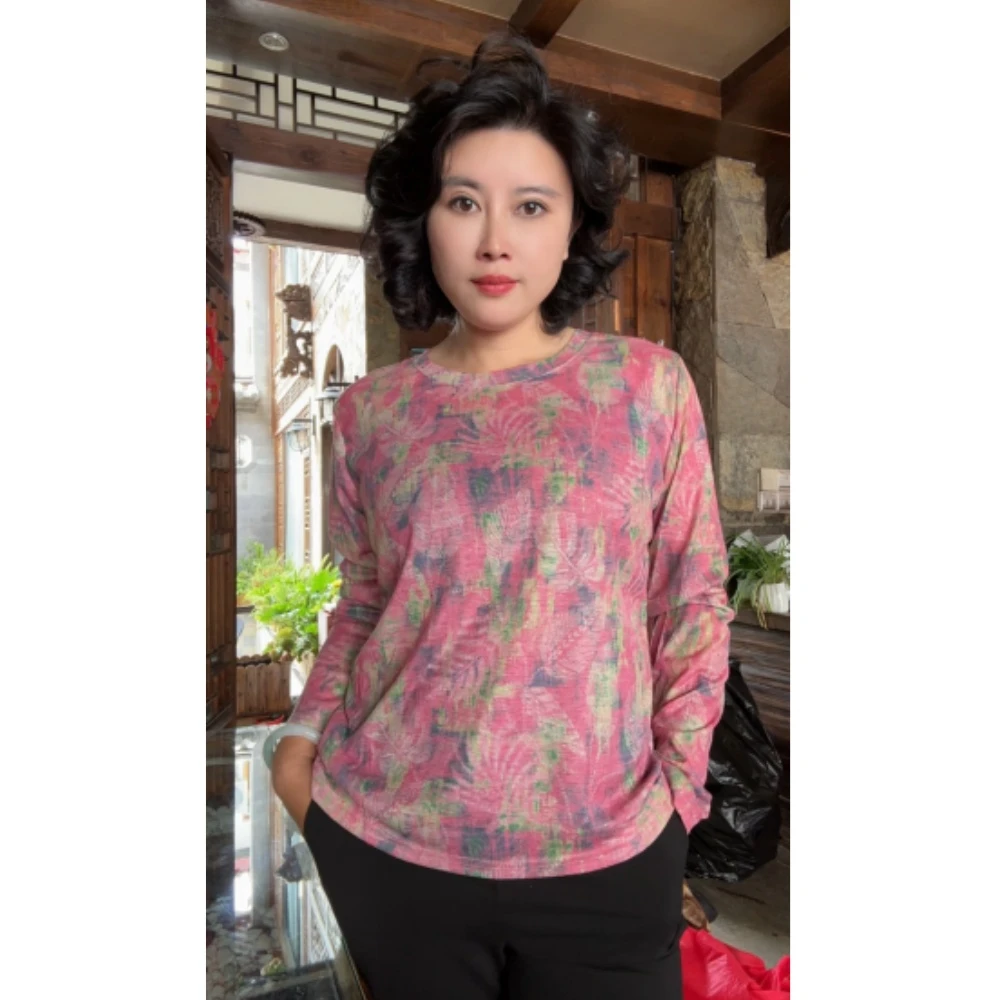 【乔奶奶专属】秋季新款圆领植物印花时尚长袖潮百搭舒适T恤上衣女