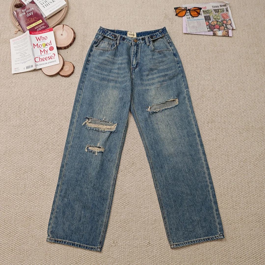 2025夏季新款做旧纯色破洞牛仔裤阔腿裤2871