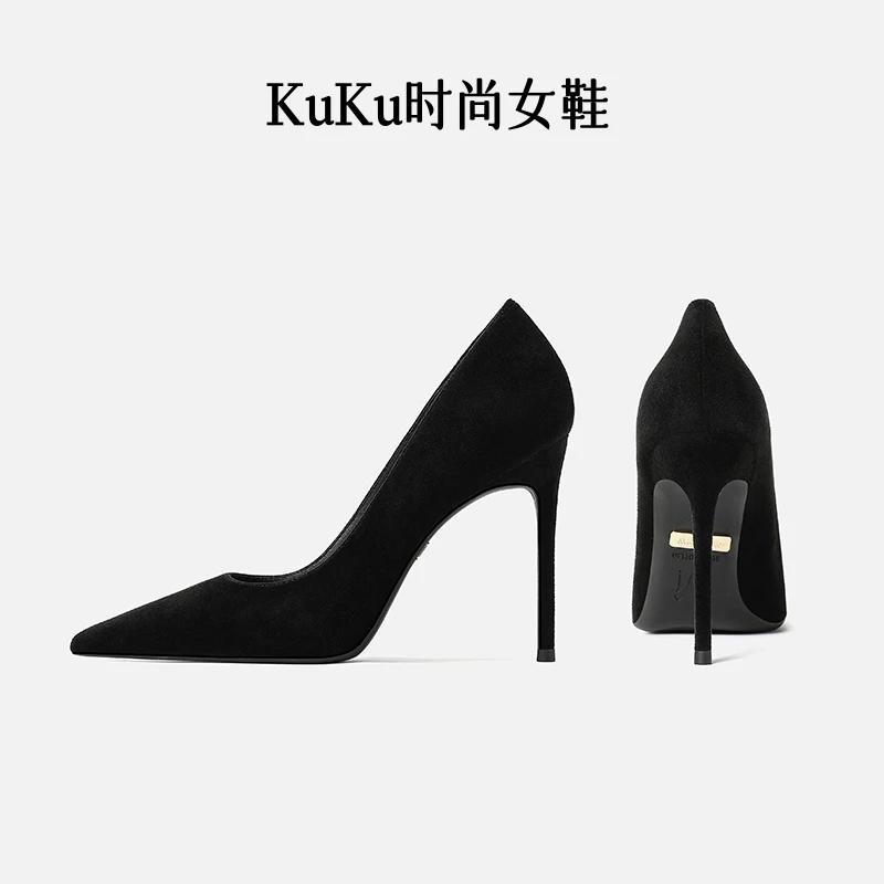 羊猄绒高跟鞋时尚百搭2025秋季款黑色法式尖头职业浅口气质女单鞋