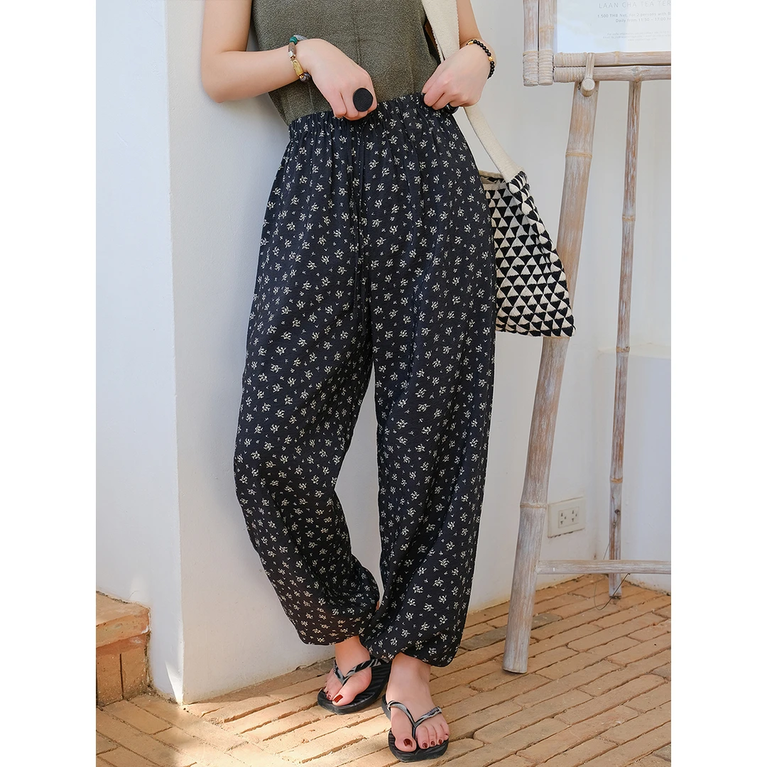 麻霖原创设计夏新品复古小碎花松紧腰抽绳可收口休闲裤