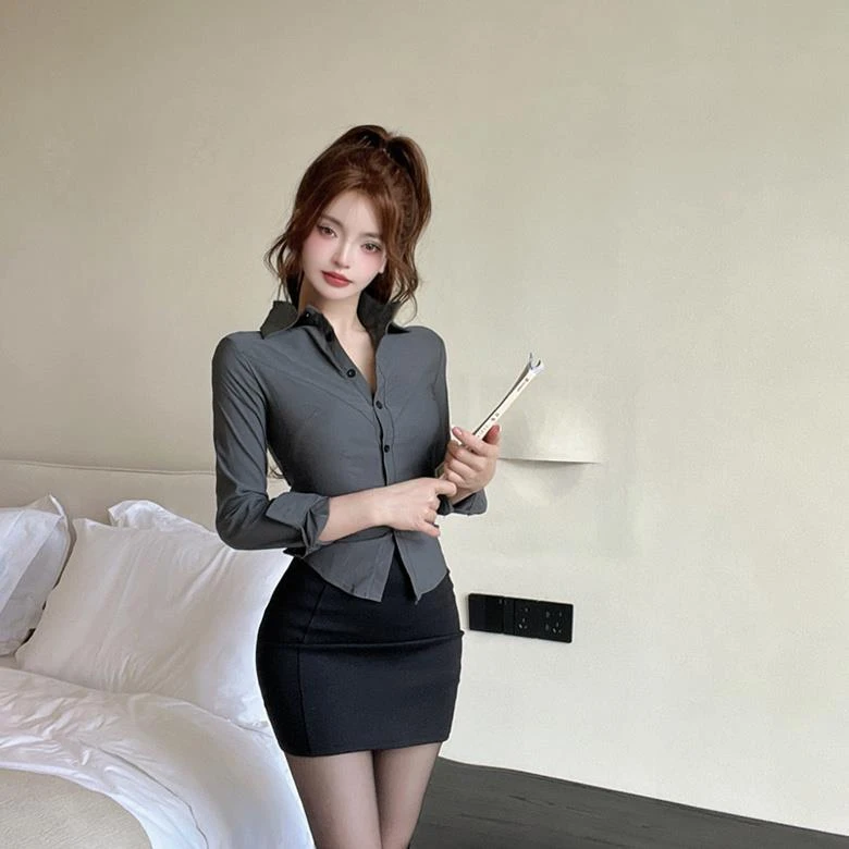 收腰高级灰衬衫上衣女性感修身长袖衬衣短款包臀裙工作服两件套
